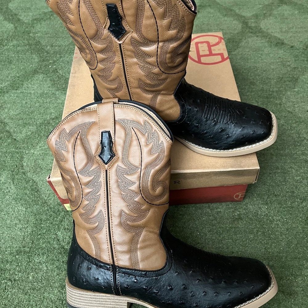 Roper Cowboy Boots Black Tan Leather Square Toe Size 13 - Picture 2 of 5